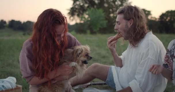 Grupa młodych ludzi robi piknik i śmieje się siedząc na trawie. Atrakcyjna kobieta bawiąca się psem i rozmawiająca z przyjaciółmi jedzącymi podczas dobrej zabawy w parku. — Wideo stockowe