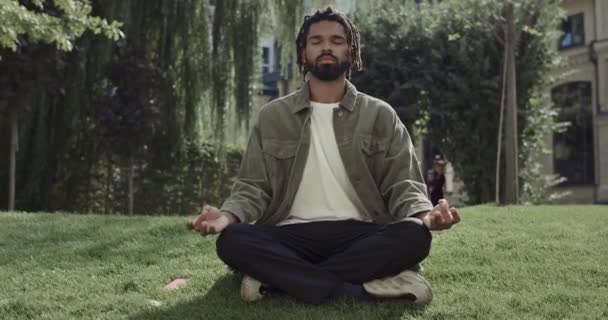 Sakallı Afro-Amerikan adam yeşil çimenler üzerinde meditasyon yapıyor. Nilüfer çiçekli genç adam dışarıda dinlenirken poz veriyor. Akıl sağlığı kavramı, ayrıl. — Stok video