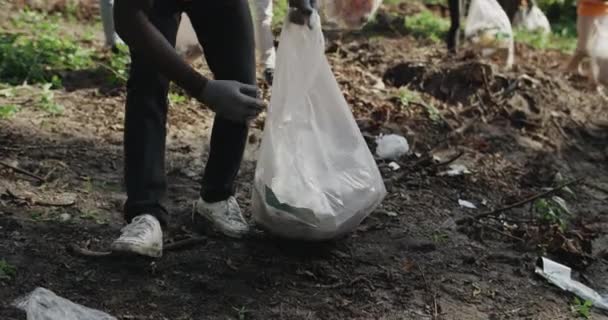 Vista del raccolto di attivisti eco raccolta della spazzatura e mettere in sacchi della spazzatura durante la pulizia del parco pubblico. Concetto di lavoro di squadra, cura della natura e dell'ecologia. — Video Stock