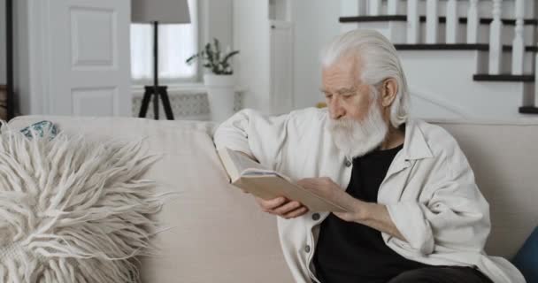 Crop view van oude grijze harige man lezen en besteden vrije tijd. Baard mannelijke gepensioneerde openingsboek tijdens het zitten op de bank in gezellig huis. Begrip pensioen, mensen en emoties. — Stockvideo