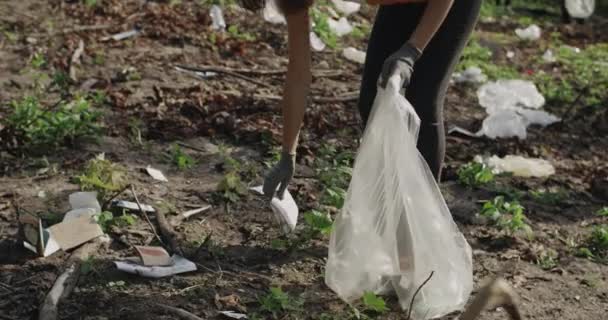 Weibliche Person voulenteer in T-Shirt mit Recycling-Symbol nimmt Müll und legt ihn in Mülltüten. Gruppe verschiedener Leute, die den öffentlichen Park säubern. Konzept der Sorge um die Natur. — Stockvideo