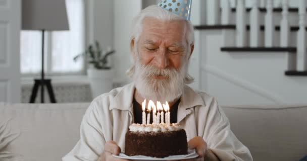 Primer plano del hombre barbudo maduro en sombrero de papel soplando velas mientras sostiene la torta y se sienta en el sofá. Gris jubilado pelo haciendo deseo mientras celebra cumpleaños en línea y mirando a la cámara. — Vídeo de stock