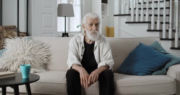 Crop view of elderly grey haired man in 70s turning head and looking to camera. Portrait of bearded grandfather posing while sitting on sofa at stylish home. Concept of retirement. — Stock Video