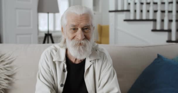 Portrait d'homme aux cheveux gris joyeux dans les années 70 tournant la tête et regardant vers la caméra. Grand-père barbu souriant tout en étant assis sur le canapé à la maison élégante. Zoom avant. Concept de retraite. — Video