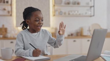 Video dersi için kablosuz bilgisayar kullanan sevimli bir öğrenci.