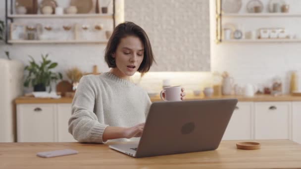 Woman surfing internet on laptop while studying at home — Stock videók
