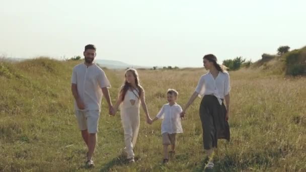 Щаслива сім'я тримає руки і ходить по лузі — стокове відео