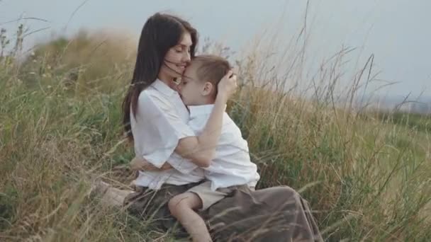 幸せなお母さん抱擁とキス息子ながら座っています上の丘 — ストック動画