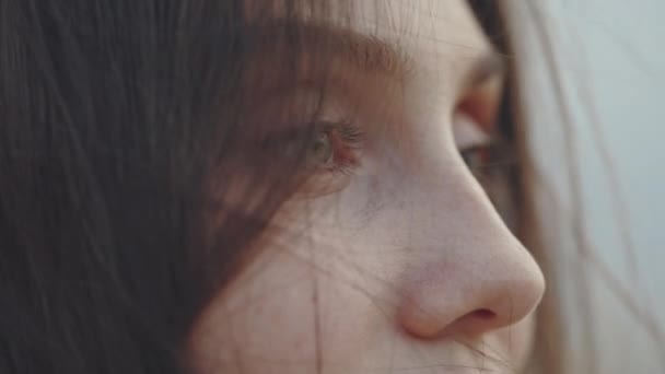 Encantadora mujer con cabello castaño disfrutando de la naturaleza al aire libre — Vídeos de Stock