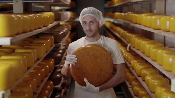 Técnico masculino que controla o processo de envelhecimento do queijo — Vídeo de Stock