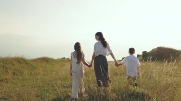 Mãe com duas crianças caminhando no campo de verão — Vídeo de Stock