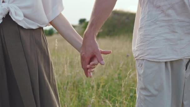 Mamá y papá caminando en el campo mientras los niños juegan detrás — Vídeo de stock