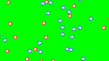 Başparmak yukarı, mavi simgeler ve kalpler sosyal medya yeşil arka planda izole edilmiş canlı video gibi..