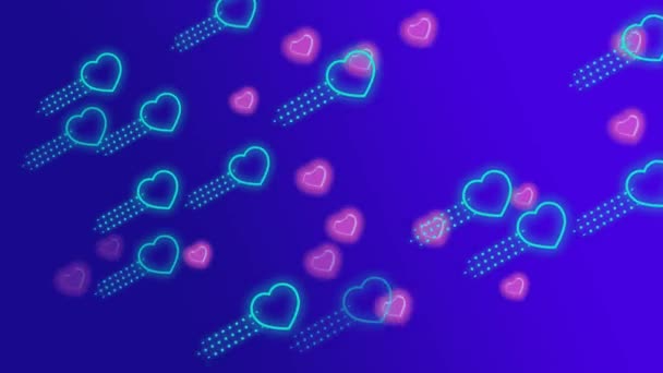 Animace Pozadí Neonovou Smyčkou Létajících Srdcí — Stock video