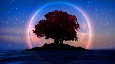 Denizde güzel bir ay, kayan yıldızlar, gece fantazisi, döngü animasyonu.