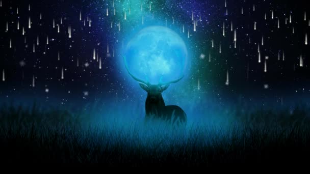 Big Deer Moon Stands Dark Grass Fantaisie Nocturne Etoiles Filantes — Video
