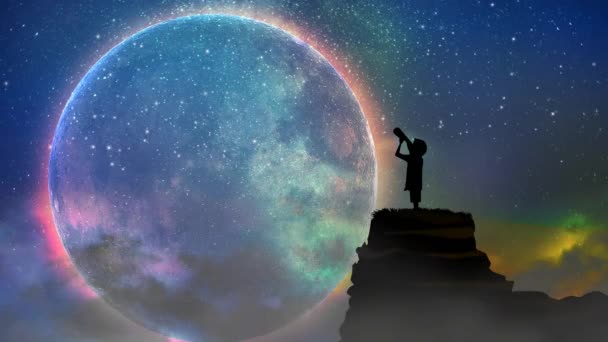 Noční Scéna Chlapce Venku Chlapec Hledící Dalekohledem Hvězdy Obloze Krásná — Stock video