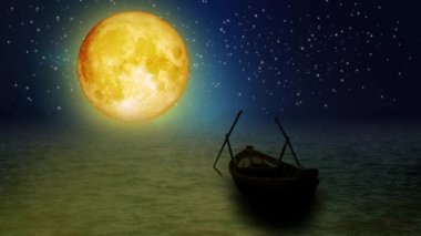 güzel sarı ay denizde, gece gökyüzü, gece fantazisi, döngü animasyon arka planı.