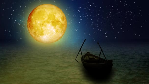 Schöner Gelber Mond Auf Dem Meer Nachthimmel Nachtfantasie Schleifenanimation Hintergrund — Stockvideo