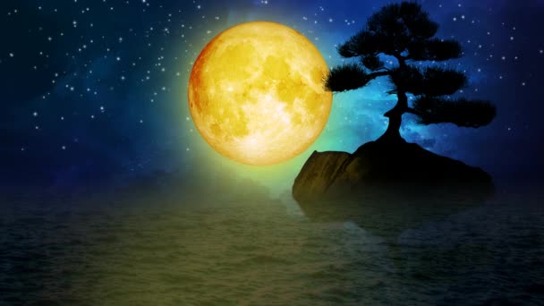 Belle Lune Jaune Sur Mer Étoiles Nocturnes Ciel Nocturne Fantaisie — Video