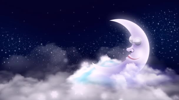 Krásný Měsíc Kreslený Mraky Noční Hvězdy Noční Fantazie Smyčka Animace — Stock video