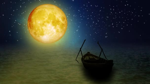Schöner Gelber Mond Und Boot Auf Dem Meer Nachtsterne Nachthimmel — Stockvideo
