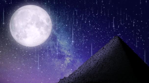Krásný Měsíc Pyramidě Padající Hvězdy Noční Obloha Noční Fantazie Smyčka — Stock video