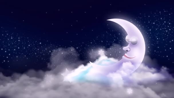 Belle Lune Dessin Animé Sur Nuages Étoiles Nuit Fantaisie Nuit — Video