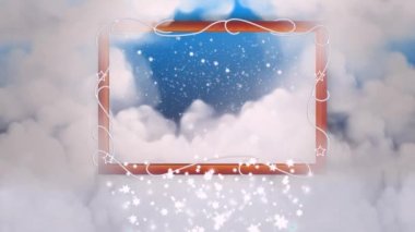 Bulutlardaki ahşap çerçeve, ahşap çerçevedeki kayan yıldızlar, gece yıldızları, fantezi, döngü animasyon arka planı.