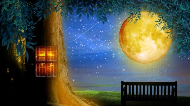 Hermosa Luna Amarilla Noche Través Árboles Hojas Fantasía Nocturna Fondo — Vídeo de stock
