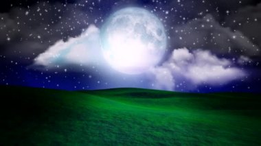 Manzarada dolunay, ay ışığı, gece gökyüzü, gece yıldızları, döngü animasyon arka planı.