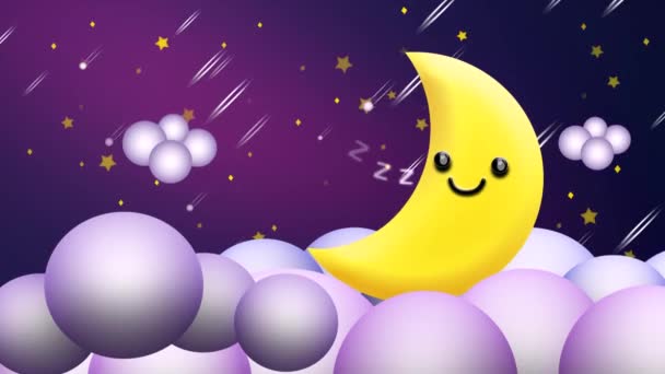 Lindo Luna Dibujos Animados Durmiendo Zzz Las Nubes Bucle Animación — Vídeo de stock