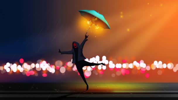 Happy Man Throws Umbrella Falling Rain Night Fantasy Loop Animation — Stock Video