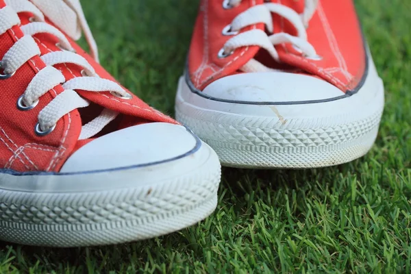 Red sneakers on lawn — Stock Photo, Image