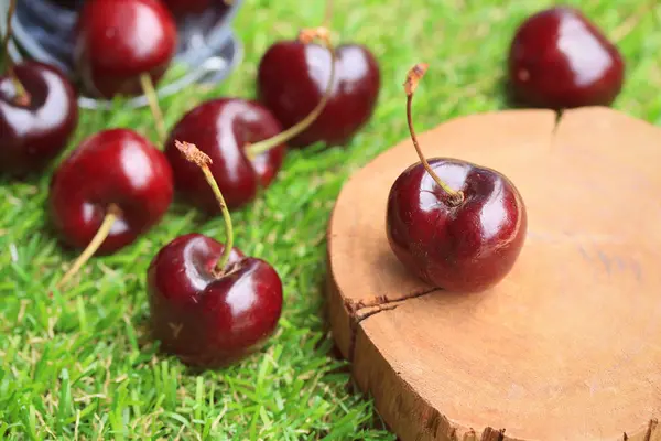 Fresh cherries on green grass — Stock Photo, Image