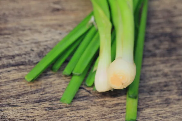 Fresh spring onions on wood — Stock Photo, Image