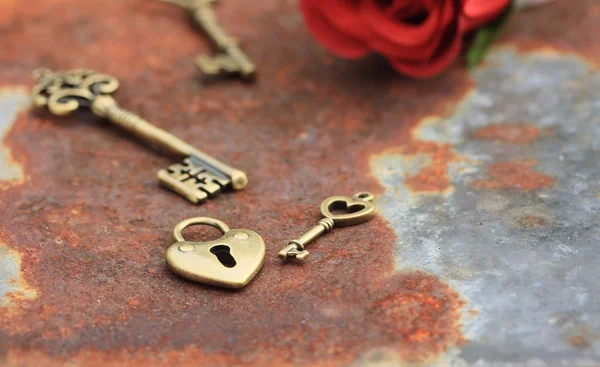 Ősi régi kulcs és Rózsa — Stock Fotó