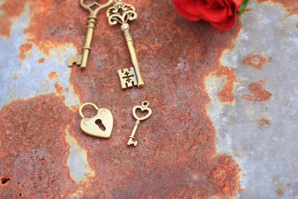 Starověké staré klíče a růže — Stock fotografie