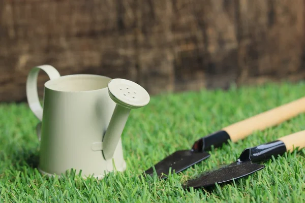 Trädgårdsskötsel verktyg på gräs — Stockfoto