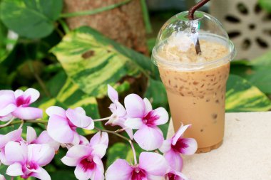 Kahve ve pembe orkide çiçekleri buz