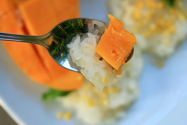 Reife Mango und klebriger Reis mit Kokosmilch — Stockfoto