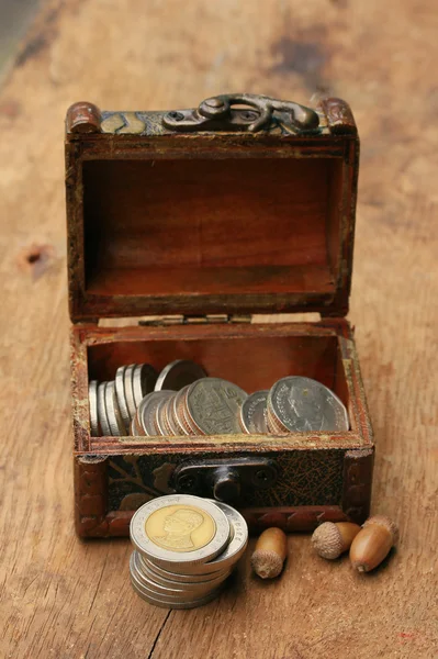 Thailand bath coins on a wooden vintage — Stock Photo, Image