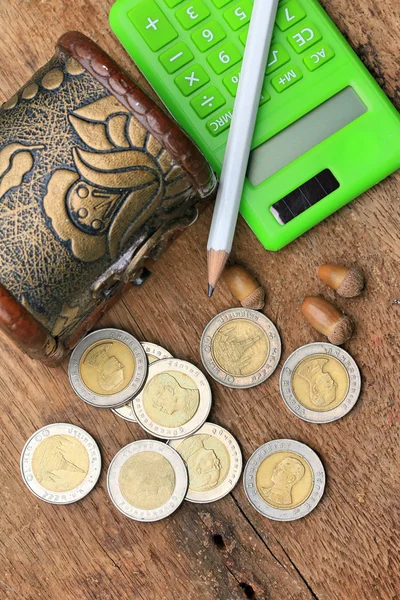 Thailand bath coins on a wooden vintage — Stock Photo, Image