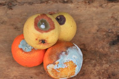 çürük armut ve ahşap vintage turuncu meyve