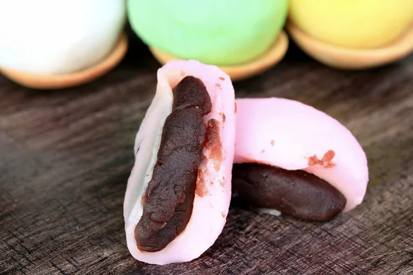 Mochi japanese dessert red bean colorful and hot tea — Stock Photo, Image