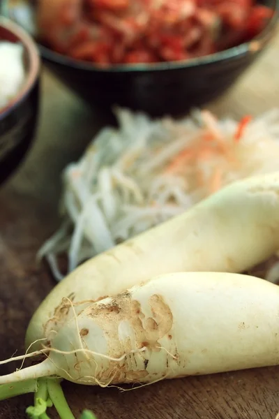 Kimchi radish with steamed rice — Stock Photo, Image