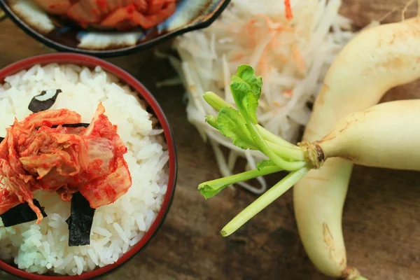 Ravanello kimchi con riso al vapore — Foto Stock