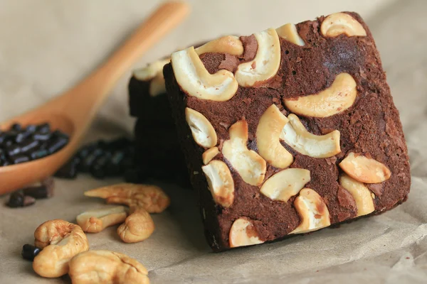 Chocolate brownie with cashew nuts — Stock Photo, Image