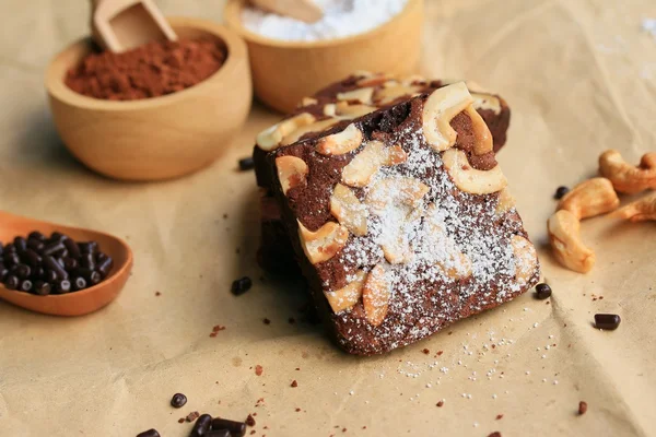 Chocolate brownie with cashew nuts — Stock Photo, Image