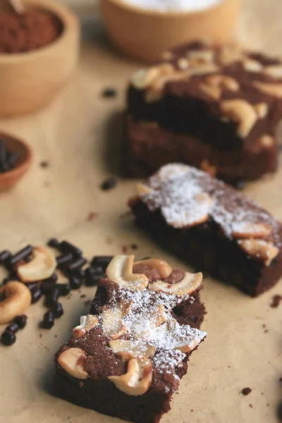 Chocolate brownie with cashew nuts — Stock Photo, Image